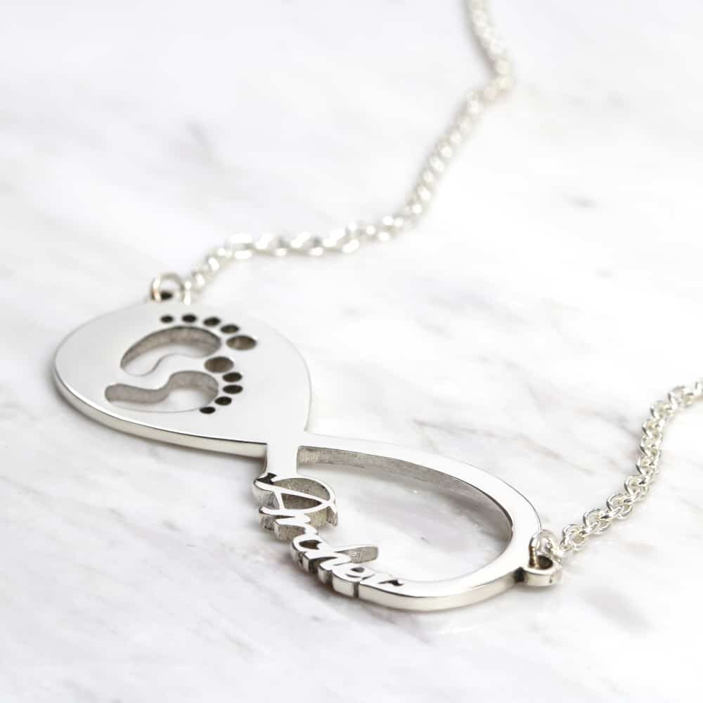 925 Sterling Silver Personalised Necklace Baby Feet Infinity Name Necklace
