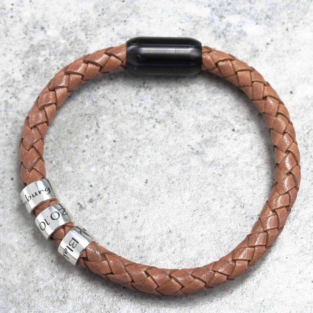 Round Braided Leather Message Bracelet South Africa Silvery Jewellery(Black Magnetic Clasp)
