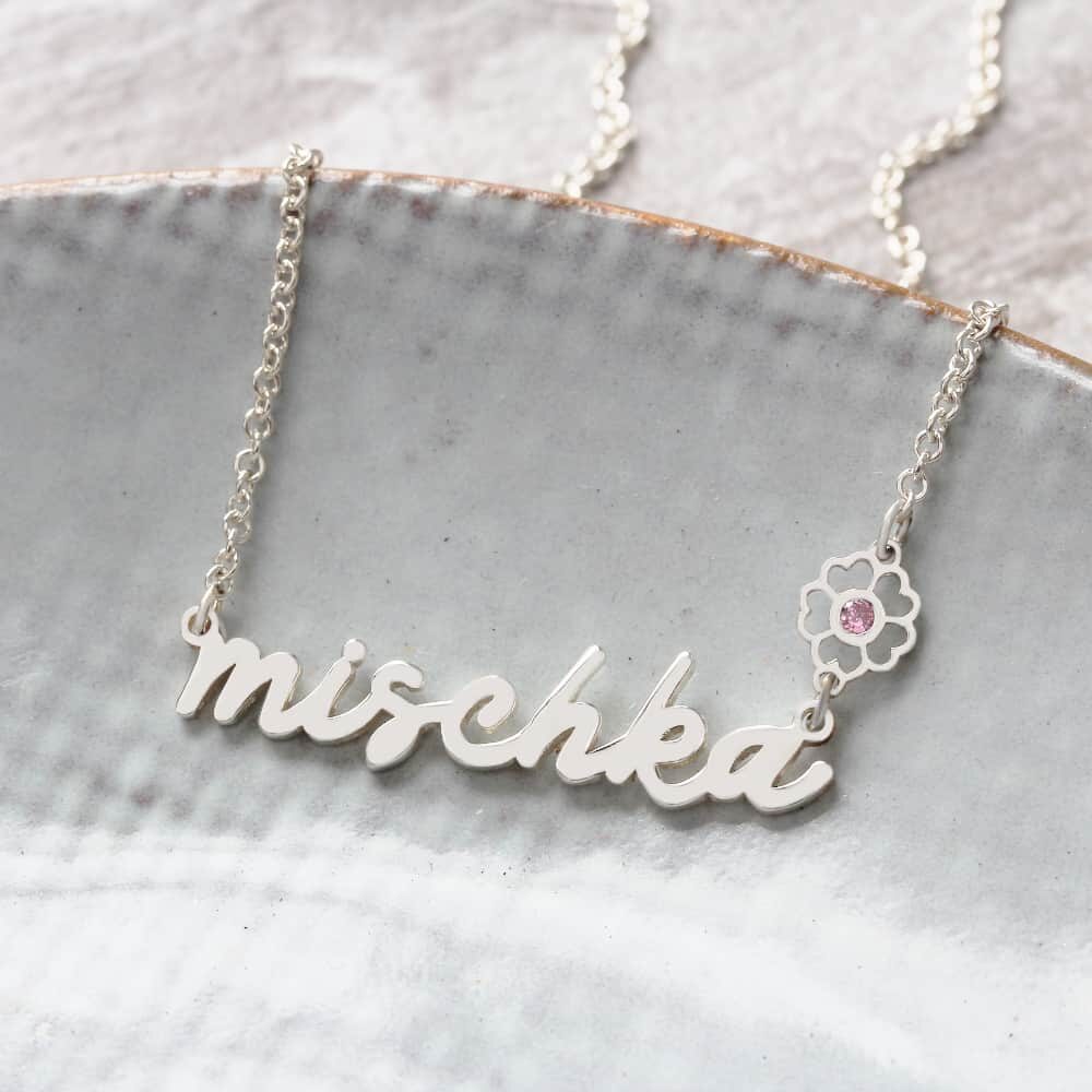 Name Necklace with Birthstone Flower Connector