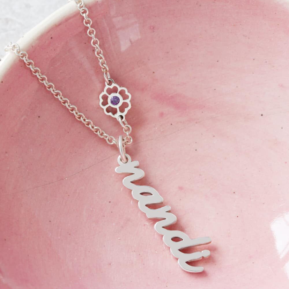 Vertical Name Necklace & Birthstone Flower Connector