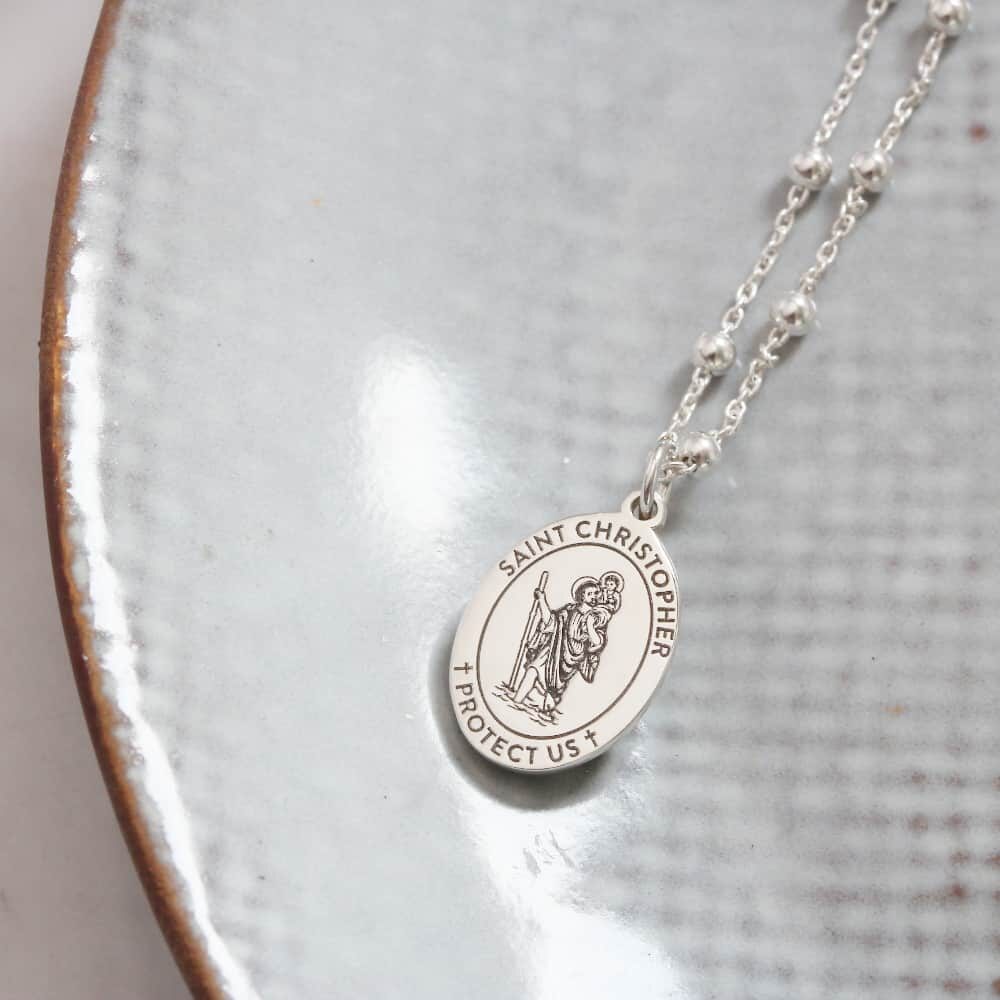St Christopher Oval Pendant Dewdrop Necklace