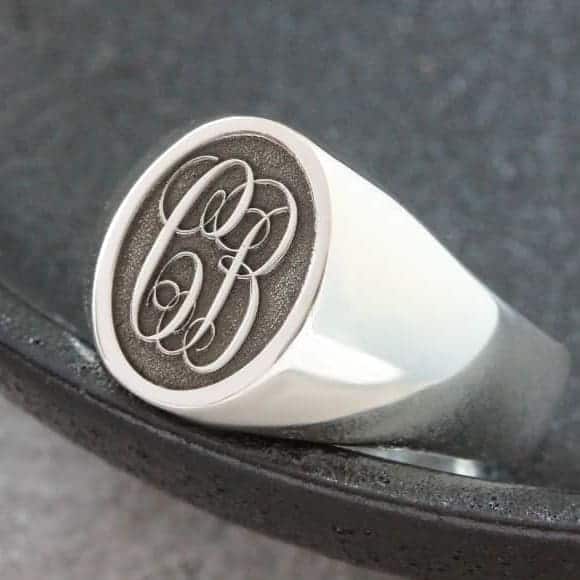 Sterling silver signet ring etched with initials for men
