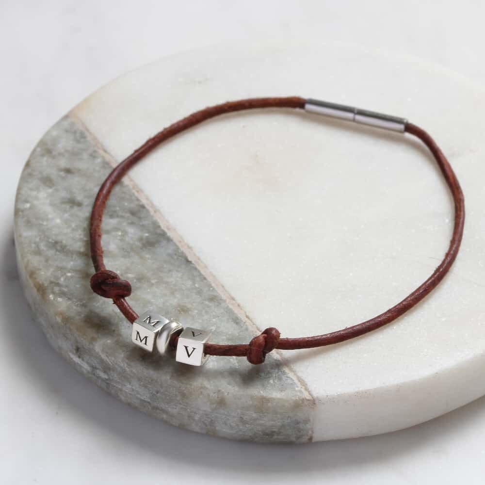 Initial Leather Cord Clasp Bracelet With Knots